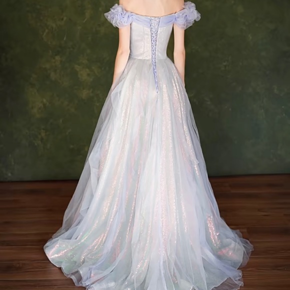 Women’s Sparkly Pastel Blue Purple Off Shoulder Ball Gown Prom Dress Size S - Picture 5 of 5